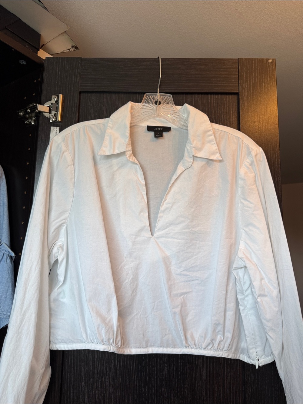 J. Crew White V-Neck Collared Long Sleeve Blouse